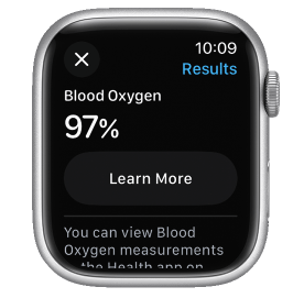 애플워치의 혈중 산소 농도 측정이 완료된 화면